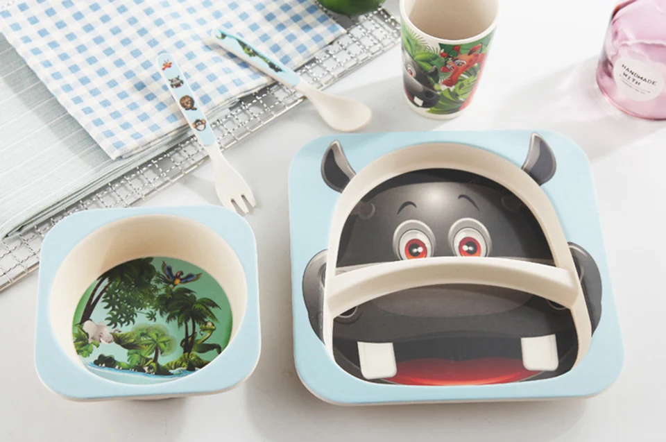 5pcs/set Animal Cartoon Baby Dinnerware Feeding Set Bamboo Fiber Baby Lovely Children Container Tableware Set Kitchen Dinnerware
