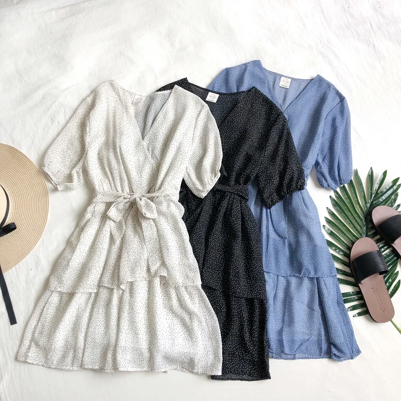 

Women V-Neck Puff Sleeve Bandage Strap Polka Dot Chiffon Ruffle Layer Cake Dress Vintage Short Elastic Slim Ball Gown Mini Dress