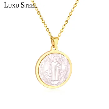 

LUXUSTEEL Religious Jewelry Stainless Steel Cross Jesu Round Pendant Necklace Gold Color Choker Necklace Male Female Gift
