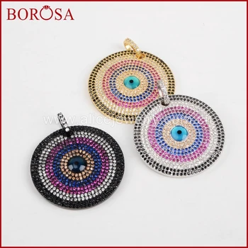 

BOROSA Micro Pave CZ Round Eye Pendant Cubic Zirconia Black Silver Color Clock Evil Eye Pendant for Women Necklace WX383