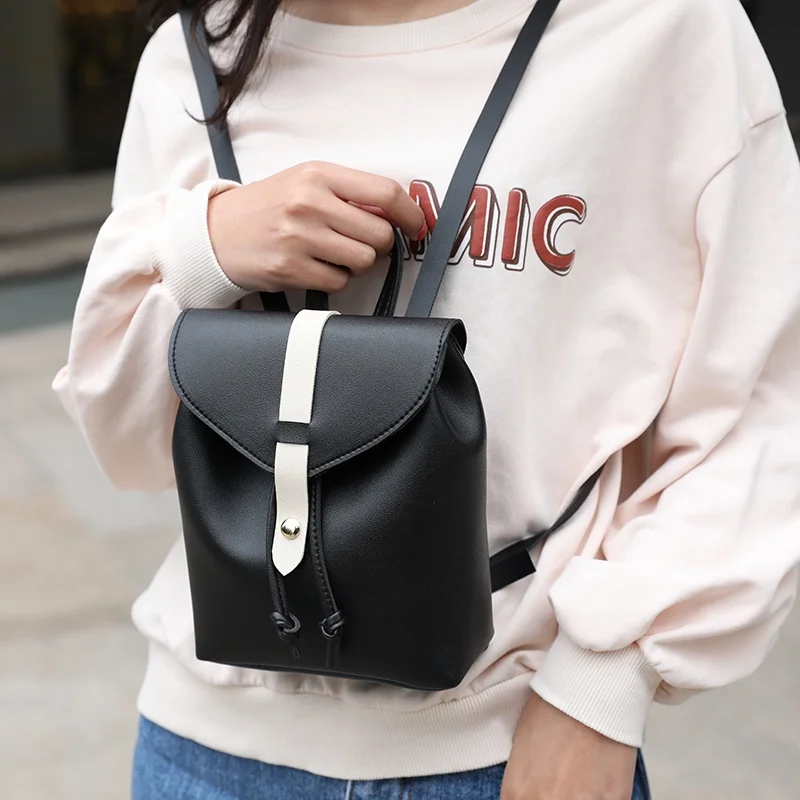 

2019 New Black White Matching PU Leather Woman's Backpack Casual Multi-function Cover Type Drawstring Crossbody Shoulder Bag