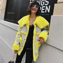 Зимнее Новое толстое теплое пальто из искусственного меха для женщин, желтое пальто из овечьей шерсти, меховая замшевая куртка с длинным рукавом, роскошное зимнее меховое пальто PC311