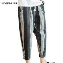 Мужские брюки полосатые льняные брюки до щиколотки XXXXL льняные хлопковые мужские брюки свободные от середины талии для мужчин одежда манжеты сложенные M-5XL
