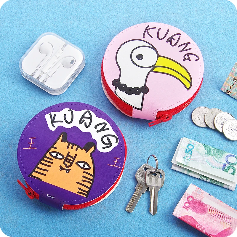 

Creative Coin Purse Mini Bag Thick Leather Key Storage Bag 2 PCS/Lot Cartoon Graffiti Hand-painted Round Small Bag