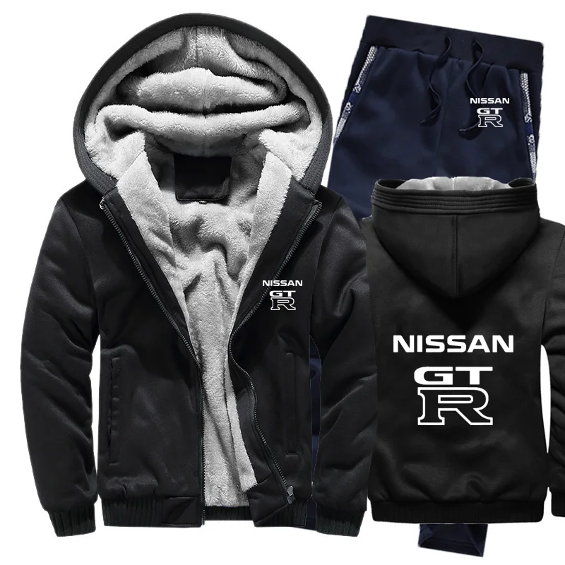 

Winter Hoodies Men GTR Car Logo Print Mens Hoodies Suit Thicken Warm Fleece cotton Zipper Tracksuit Mens Jacket+Pants 2Pcs Sets