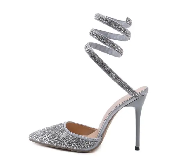 

Hot Selling Pointed Toe Thin Heels Snake Design Sandal for Woman Crystal Embellished Sexy Wedding Shoes Cutouts Gladiator Sandal