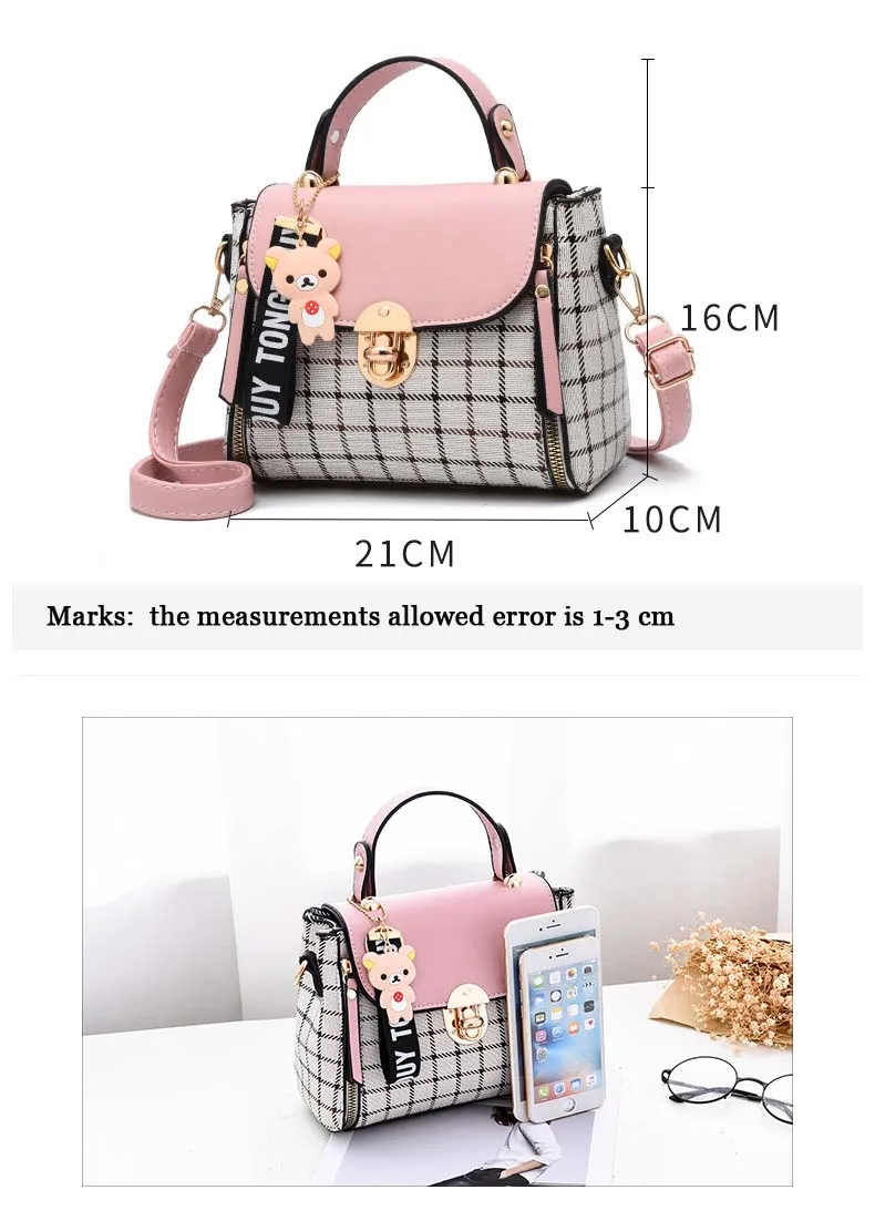 Women PU leather Plaid Bucket Handbag Fashion Panelled Small Printing Crossbody Shoulder Bag Female Elegant Bear Tote Purse Bags (5)