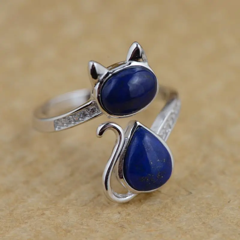 925 пробы Серебряное кольцо кота натуральный голубой камень реальные S925 тайский Серебряные кольца для Для женщин ювелирные изделия мужской Регулируемый Размеры