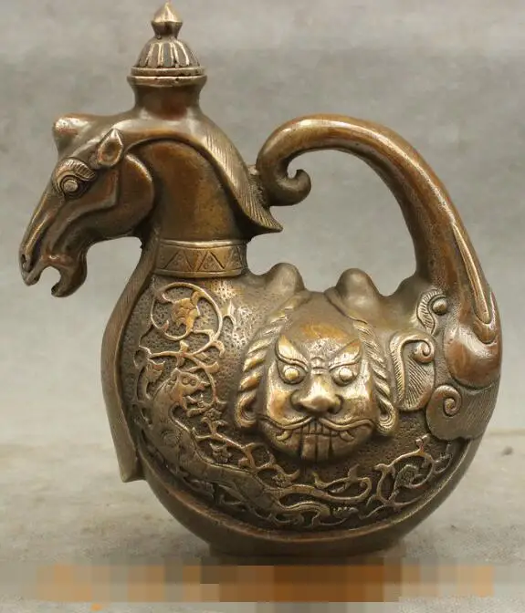 

song voge gem S7206 8" Chinese Collect Bronze Wealth Zodiac Horse Head Statue Wine Pot Teapot Flagon