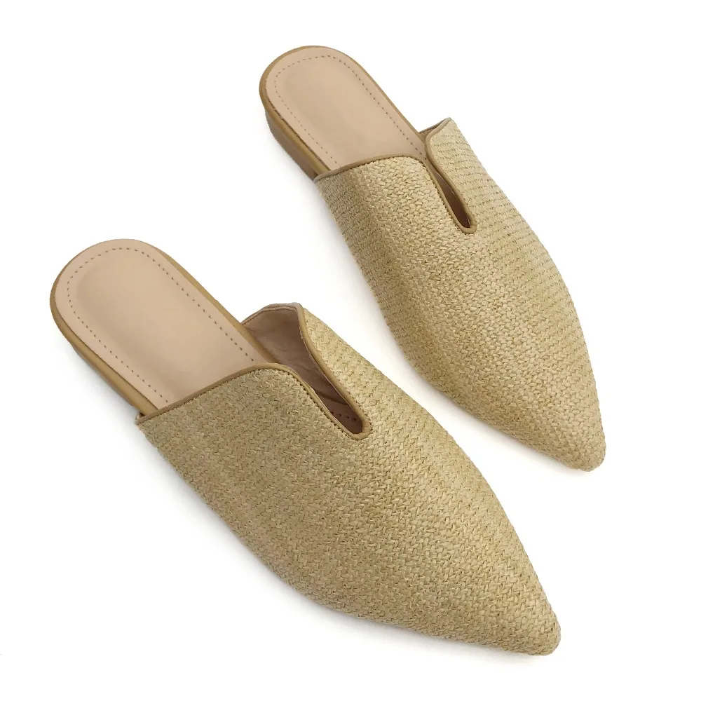 

Women Cane Mules Pointed Toe Straw Flat Heel Sandals Slip On Slides Summer Slippers Comfortable Size 35-40