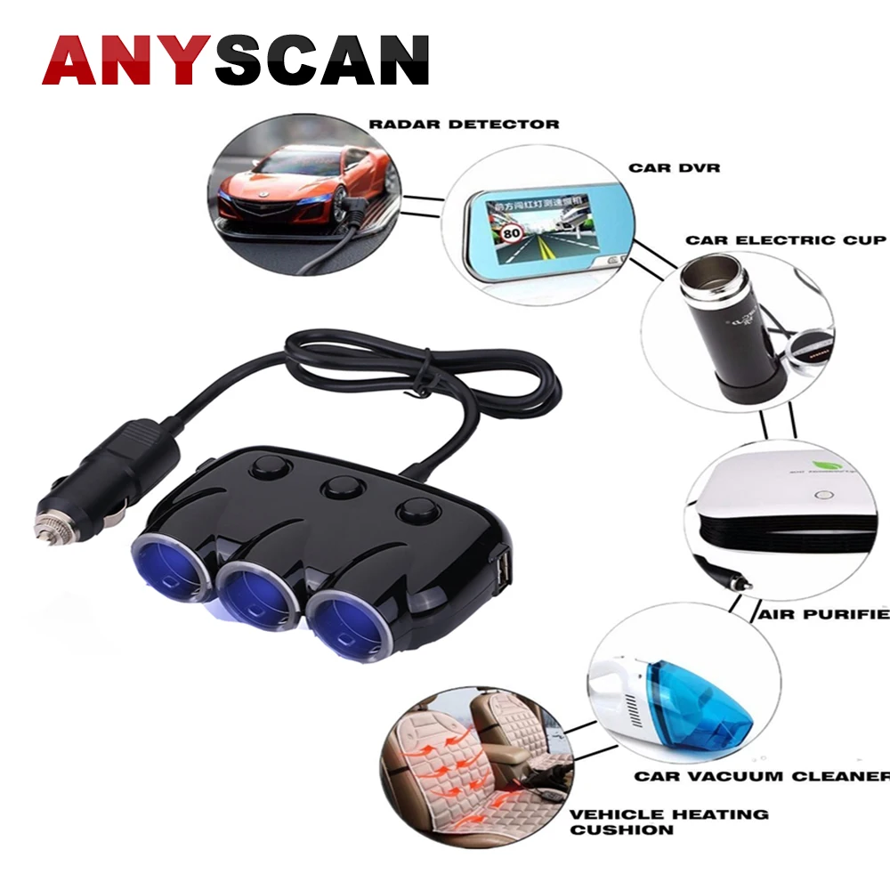 

Car 3 Sockets Cigarette Lighter Power Adapter Outlet Splitter with 3.1A Dual USB Car Charger for Cell Phone & Car Device