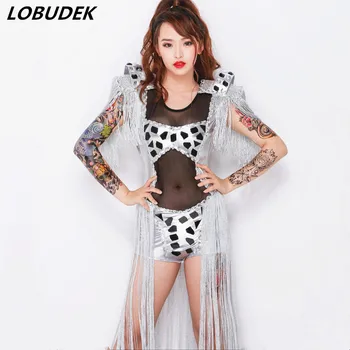 

Bar Prom Female Singer DJ DS Costume Silver Tassel Epaulet Bodysuit Bling Crystal Perspective Catsuit Dancer Jazz Stage Outfit