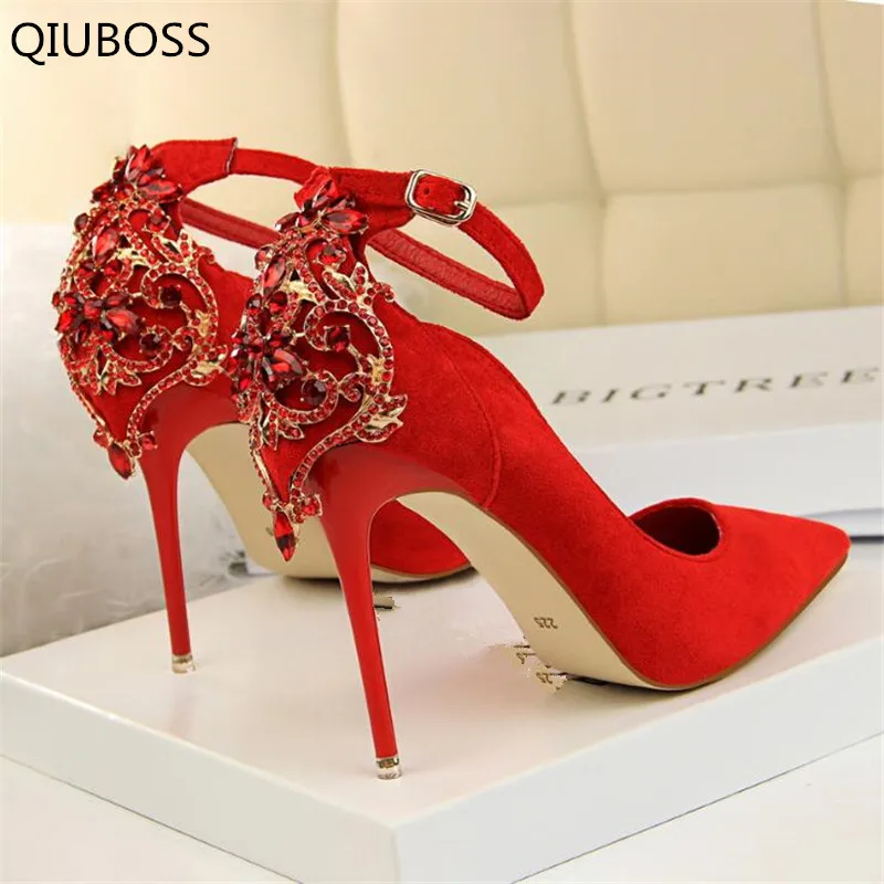 

QIUBOSS Crystal Pointed Toe Wedding Shoe Women's Pumps Solid Flock Fashion Buckle Shallow High Heels Shoes for Women Q730