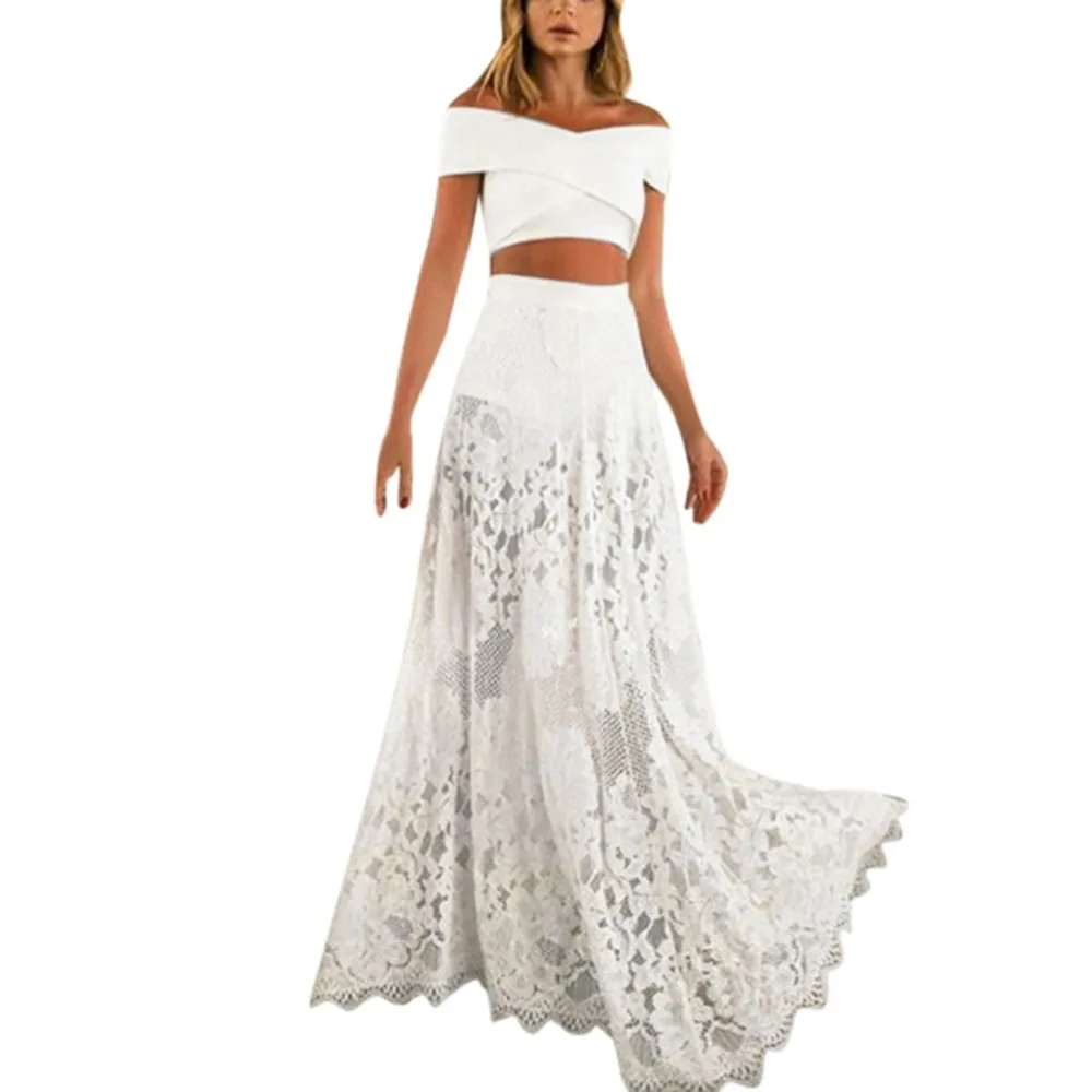 Женское летнее сексуальное длинное белое платье с вырезом лодочкой, комплект из трех предметов, кружевное однотонное пляжное платье, вечерние элегантные платья A4