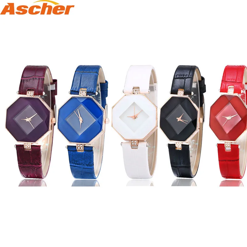 

Women Watches Gem Cut Geometry Crystal Leather Quartz Wristwatch Fashion Dress Watch Ladies Gifts Clock Relogio Feminino 5 color