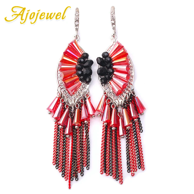 

Ajojewel Party Wedding Jewelry Red Crystal Drop Tassel Earrings For Women Dress Accessories