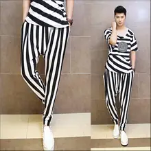Новые мужские модные тонкие дышащие полосатые повседневные мужские брюки-шаровары костюм забавная одежда брюки певица костюмы
