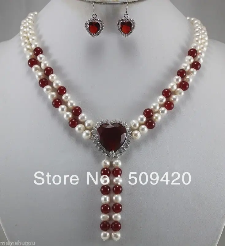 

Free Shipping>>> Two rows of pearls and red jade necklace + earrings set #@