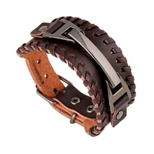 Stylish Punk Leather Bracelet Wide Braided Rope Alloy Cuff Bangle Male Wristband for Men Punk Rock Jewelry stylish faux leather braided bracelet