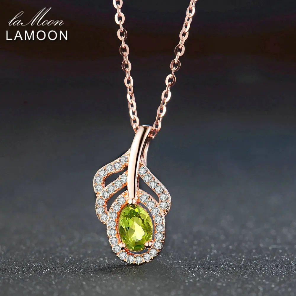 LAMOON Classic Leaf 100% Natural Oval Green Peridot Chain Necklace 925 Sterling Silver Jewelry LMNI058