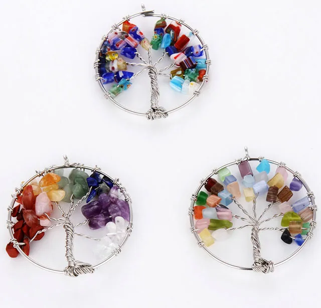 

Wire Wrapped Eternal Tree of Life Tumbled Stone Beads Pendant 7 Chakras Beaded Natural Stones Gemstone Charms for Family