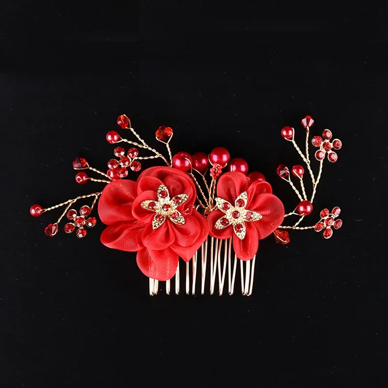 Hair Jewelry for women Chinese Red Crystal Hair Combs Handmade Yarn