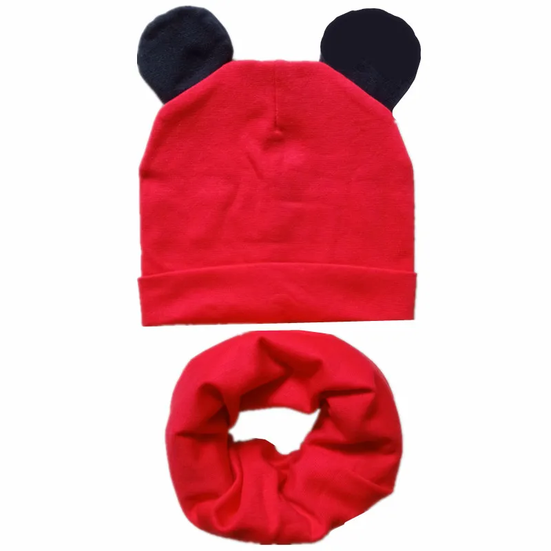 Новая детская шапка с милыми ушками, хлопковый комплект, шапка и шарф, детские шапки для девочек и мальчиков, детская шапка, шарф, воротники, осенне-зимняя детская теплая шапка - Цвет: red black set