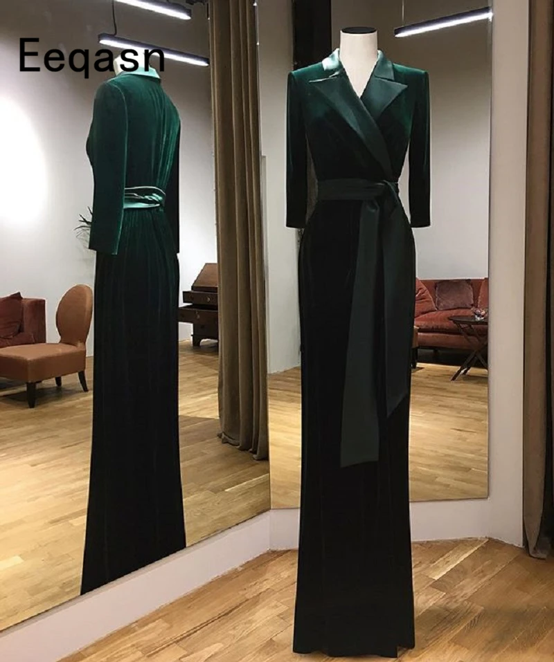 

Green Long Sleeve Velvet Evening Dresses 2019 Mermaid Arabic Dubai Evening Gowns Women Formal Dress Vestidos de Festa