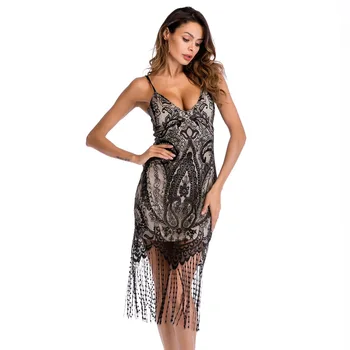 

2019 deep v-neck tassel lace strap dress