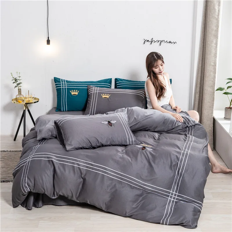 

60S Satin Pure Cotton Modern Style Bed Set Duvet Cover Flat Fitted Bed Sheet Pillowcases Grey Yellow Green Blue Soft Home