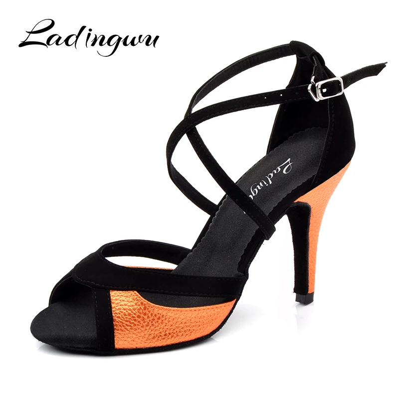 online Ladingwu Salsa Sapatos de Dança Para As Mulheres Flanela Preta e Laranja PU Latino sapatos de Dança Sapatos de Dança de Salão das Mulheres do Salto Sandálias 10 cm