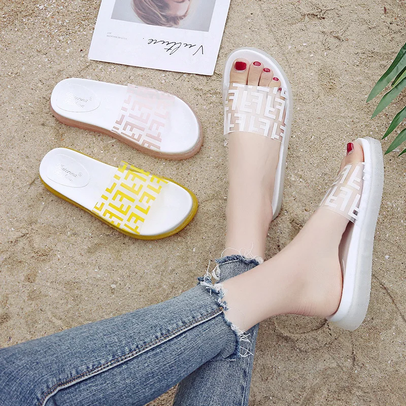 

outside beach shoes soft women slippers summer open toe transparent vamp brathroom Solid color platform Anti-slip pantoufle