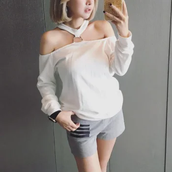 

Club Solid Ring Hanging Neck Korean Pullover Sweatshirt Women Slash Collar Strapless Sweatshirts Tops