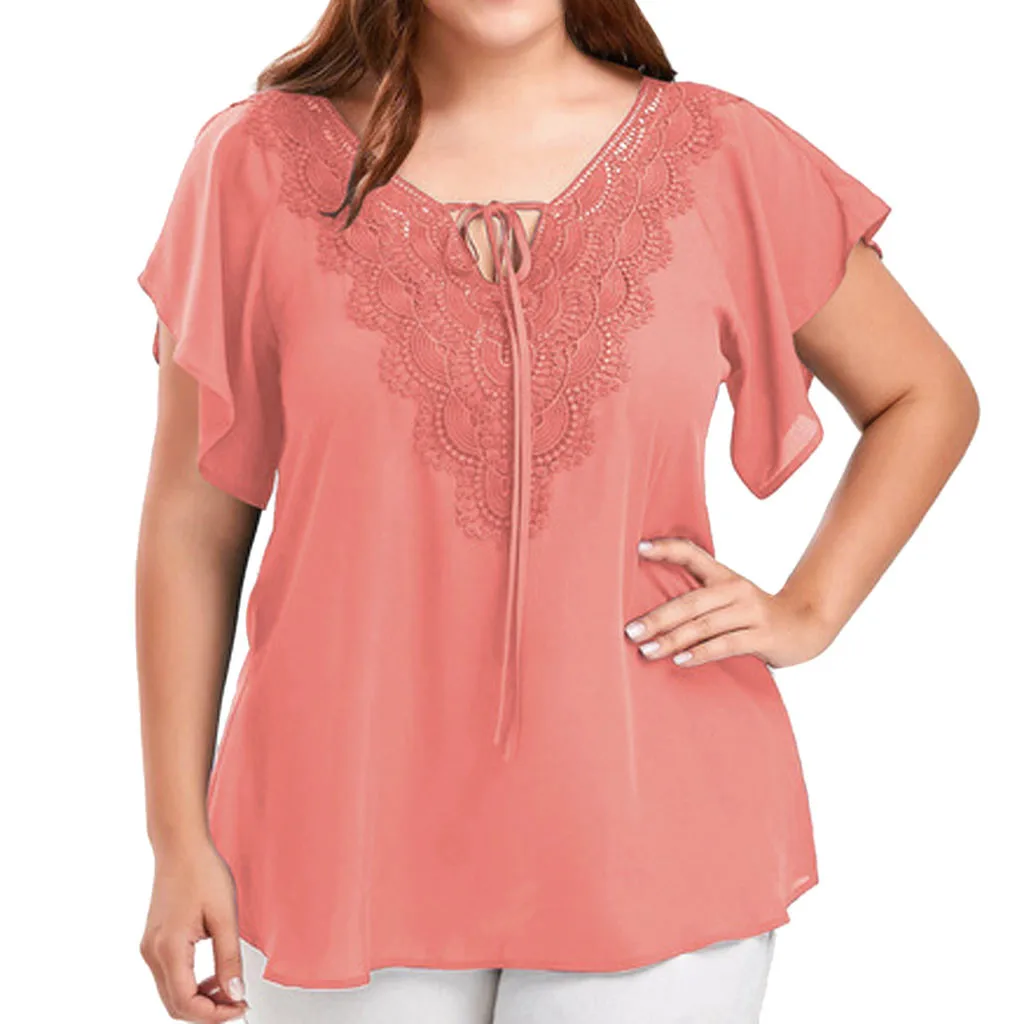 Plus Size Summer Fashion Patchwork Lace up Blouse Ladies Tops Loose Top Female Women Half Sleeve Shirt 