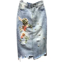 Большие джинсовые юбки с высокой талией, женские стильные голубые джинсы с цветочной вышивкой, прямая юбка на пуговицах, Повседневная Длинная юбка