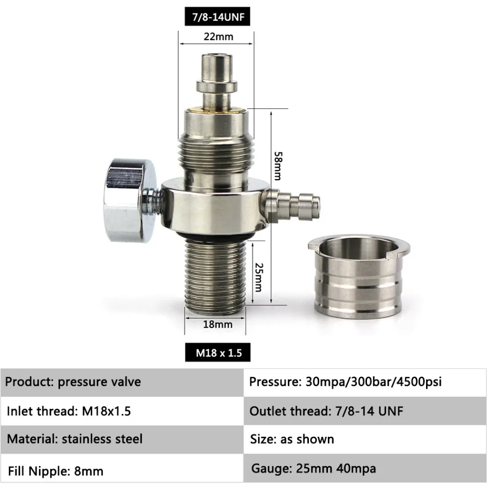 PCP Airforce Condor клапан высокого давления M18x1.5 7/8-14UNF нержавеющая сталь 40 мм Калибр 4500psi заполняющий адаптер ТЕСТ наполнения Adpater