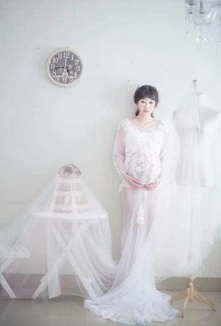 Беременности и родам Подставки для фотографий беременных Для женщин Благородный белый марли длинное окантованное Ярусное кружевное фотосессии праздничный костюм
