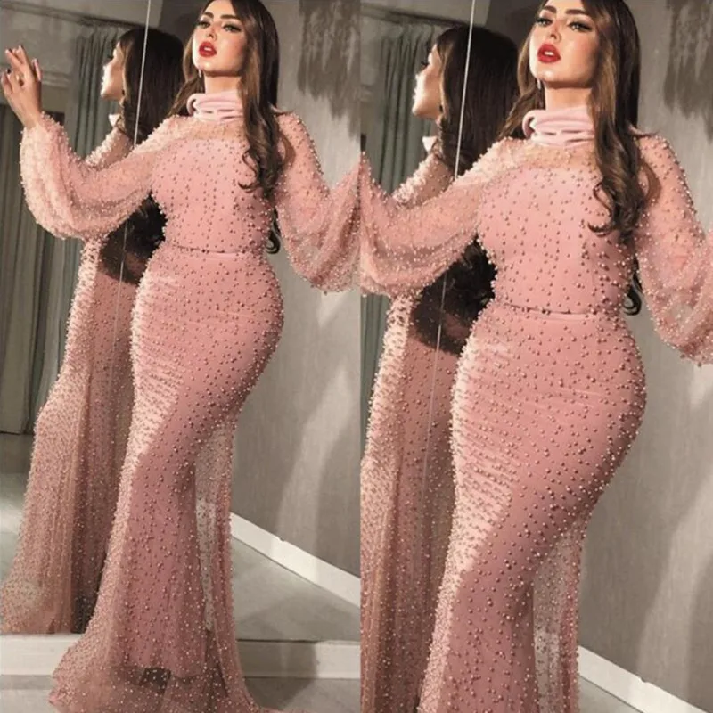 Роскошные бисерные Вечерние платья Русалка элегантные длинные рукава Саудовская Аравия женские вечерние платья модные вечерние платья Дубай - Цвет: dusty pink