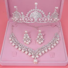 Модные серебряные цвета слоновой кости жемчужные Свадебные короны, тиары Чокеры Ожерелья Серьги Тиара Стразы Жемчуг наборы свадебных ювелирных изделий