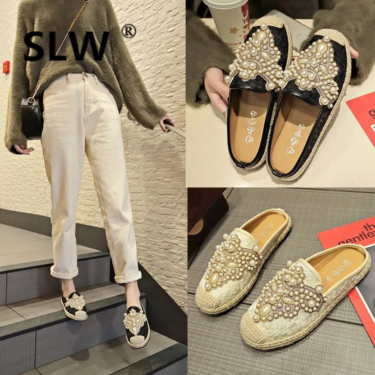 

flip flops closed toe women loafer Flock wedge spring Crystal slipper Fashion Wedges fisherman shoes Flat Slides High Flip