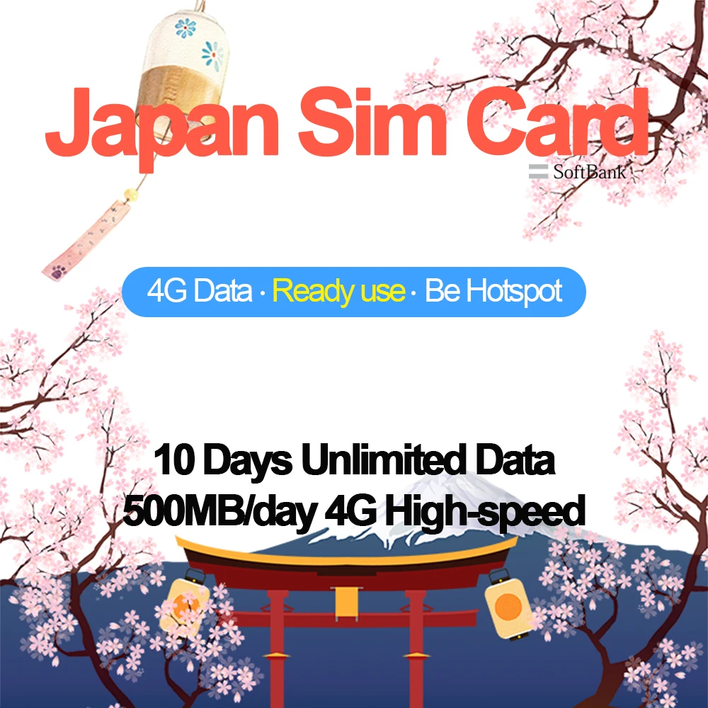

Mewfi Japan Travel Sim Card 10 Days Unlimited Data 500MB/Day 4G Data No Call Local Softbank Network Mobile Phone Sim Card