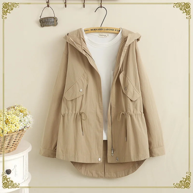 

Autumn Women Solid Color Cute Jackets Loose Ladies Hooded Spliced Drawstring Coats Long Sleeve Pockets Outwear Mori Girl
