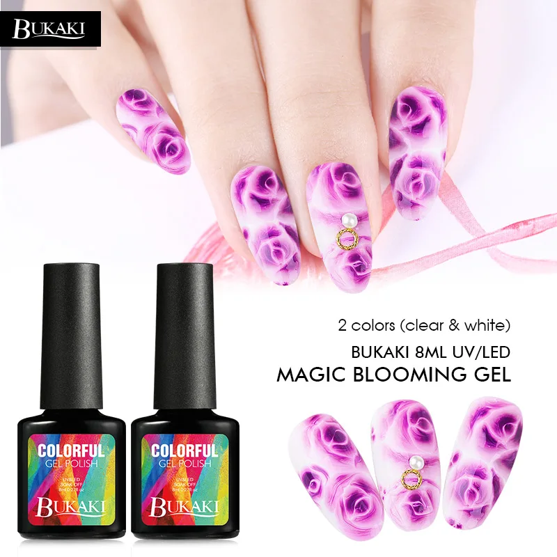 BUKAKI تزهر اللون جيل أظافر بالرسومات بالأشعة فوق البنفسجية ورنيش جيل للأظافر الهجين والورنيش الاكريليك مسمار الغراء زهرة تأثير ازدهار هلام
