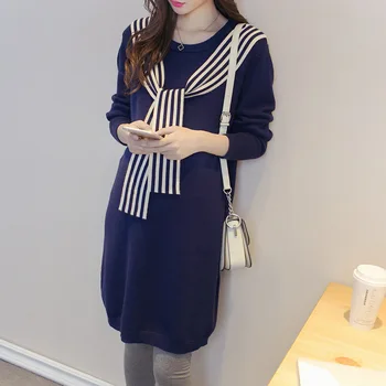 

Maternity Women Autumn Winter Long Sleeve Knee Length Knit Sweater Dress New Moms Fashion Shoulder Ribbons Mid-long Sweaters