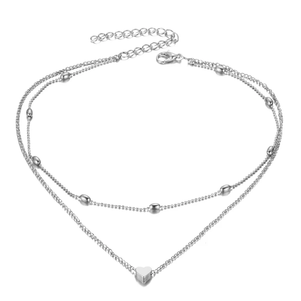 Новая мода золото серебро цвет ювелирные изделия в форме сердца ожерелье s& Подвески двойная цепь колье ожерелье воротник женские ювелирные изделия подарок - Окраска металла: ZXSL003-S
