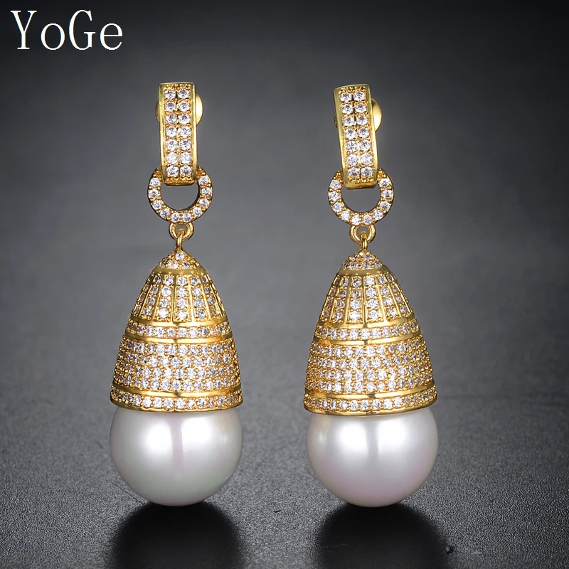 

YoGe statement Jewellery, E0123 fashion AAA CZ cone shaped shell pearl drop earrings women's accessaries,yellow colour
