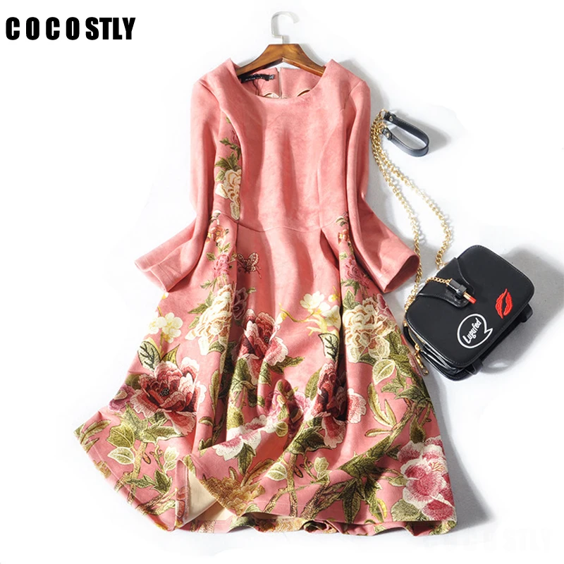winter dress women sexy suede dresses O-neck long sleeve print floral A-line dress pink cute dresses winter dress women sexy suede dresses O-neck long sleeve print floral A-line dress pink cute dresses