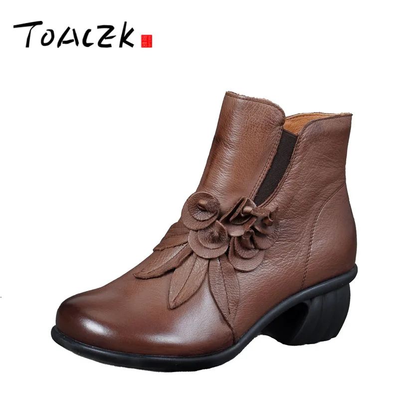 

Autumn and winter national style vintage leather soft bottom female boots, high heel manual female round head cowhide short boot