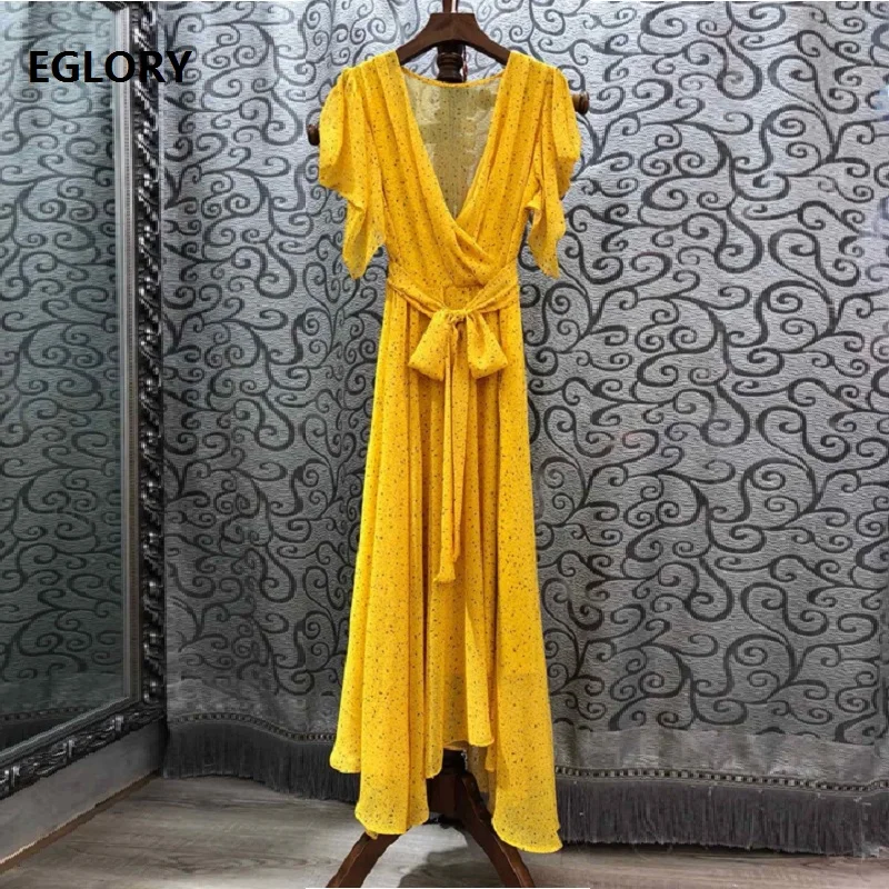

Yellow Long Dress 2019 Summer Fashion Style Women V-Neck Butterfly Sleeve Chic Print Bow Belt Patchwork Asymmetrical Sexy Dress