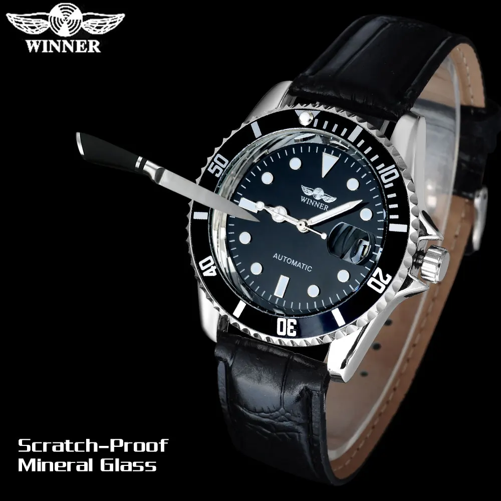 WINNER popular brand men luxury automatic self wind watches creative case black dial male leather band Relogio masculino